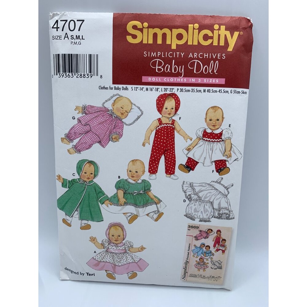 Simplicity Baby Doll Clothes Sewing Pattern Size 12" 14 16 18 20 22" Doll 4707 -